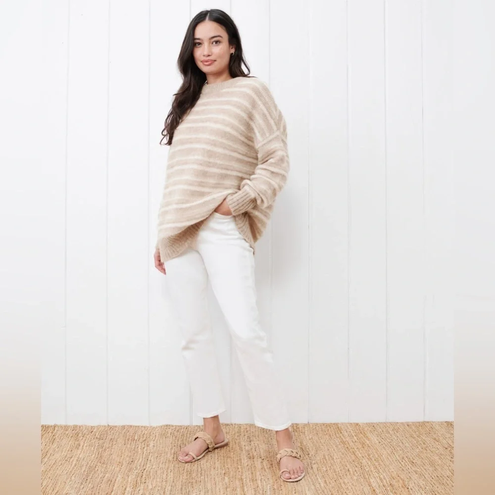NEW Jenni Kayne Cocoon Crew Neck Sweater in Sand  Stripe Beige | size XL - Picture 4 of 10